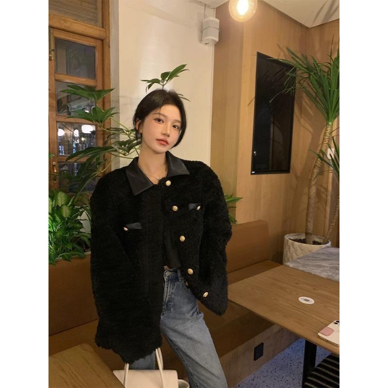 

Fur coat new gold buckle splicing shirt lapel imitation lamb wool coat thick coat women s winter S recommends 80-52.5 kg