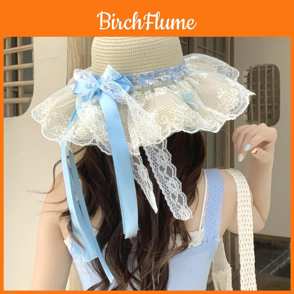 Summer Women Blue Lace Butterfly Bow Sun Hat With Wide Brim For Beach And Vacation