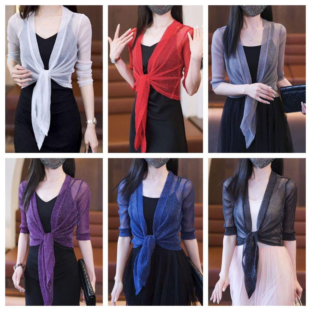 Shiny Mesh Shawl Transparent Short Coat Sunscreen Cropped Blouse  Winter/Autumn/Spring/Summer