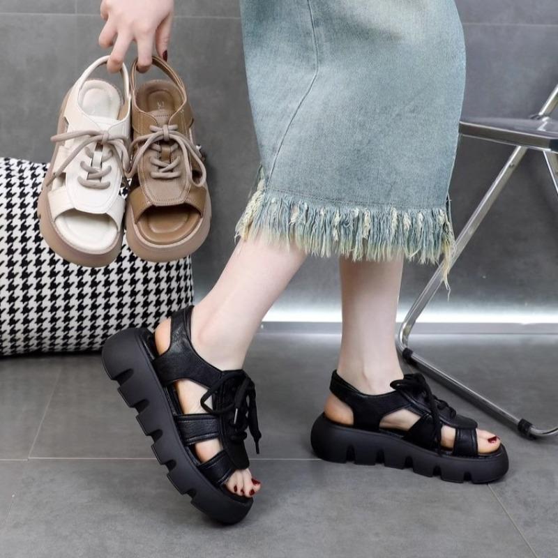 Womens Fashionable Chunky Sandals 2025 Summer Hollow-out Lace-up Casual Shoes Roman Beach Non Slip Wedge Shoes Sanalias De Mujer