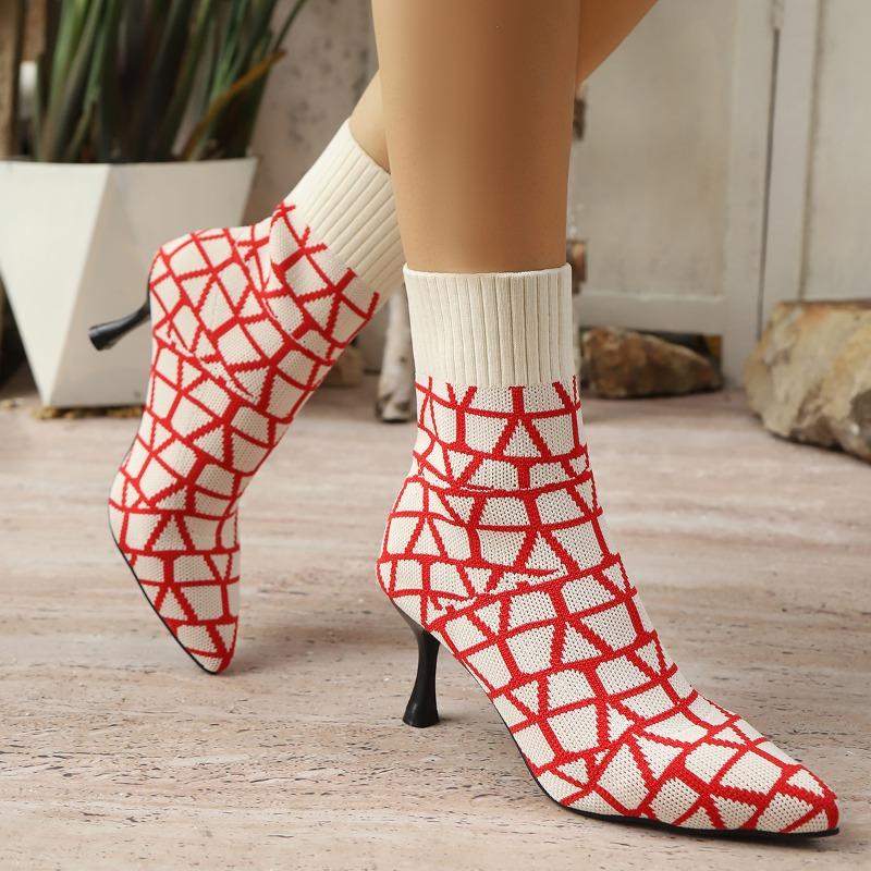 Fashion Colorblock Knit Breathable Cloth Slim Heel Single Boots Women's Fashion Pointed Toe Sleeve Non-Slip Wear-Resistant High Heels