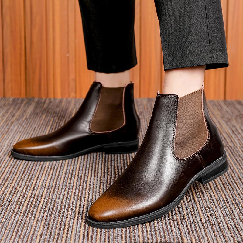 Men Chelsea Boots Genuine Leather High Top Ankle Shoes Pointed Toe Brand Retro Comfortable Big Size 47 48