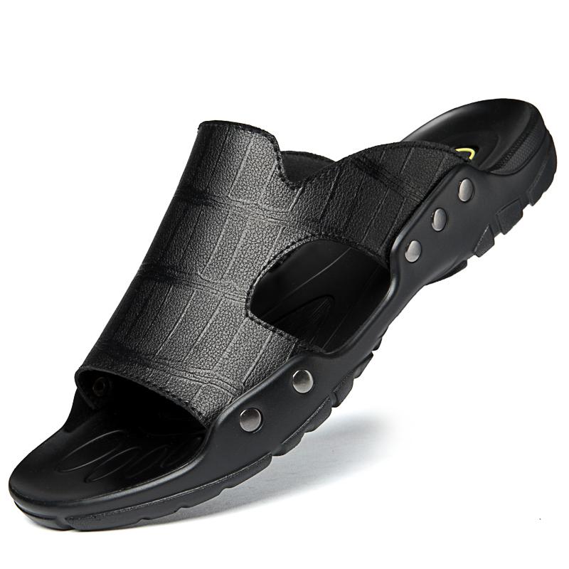 Simple Casual Slippers Men Slippers Summer Soft Peep Toe Beach Shoes Genuine Leather  Flip Flops Casual Non-Slip Sandals 38-50