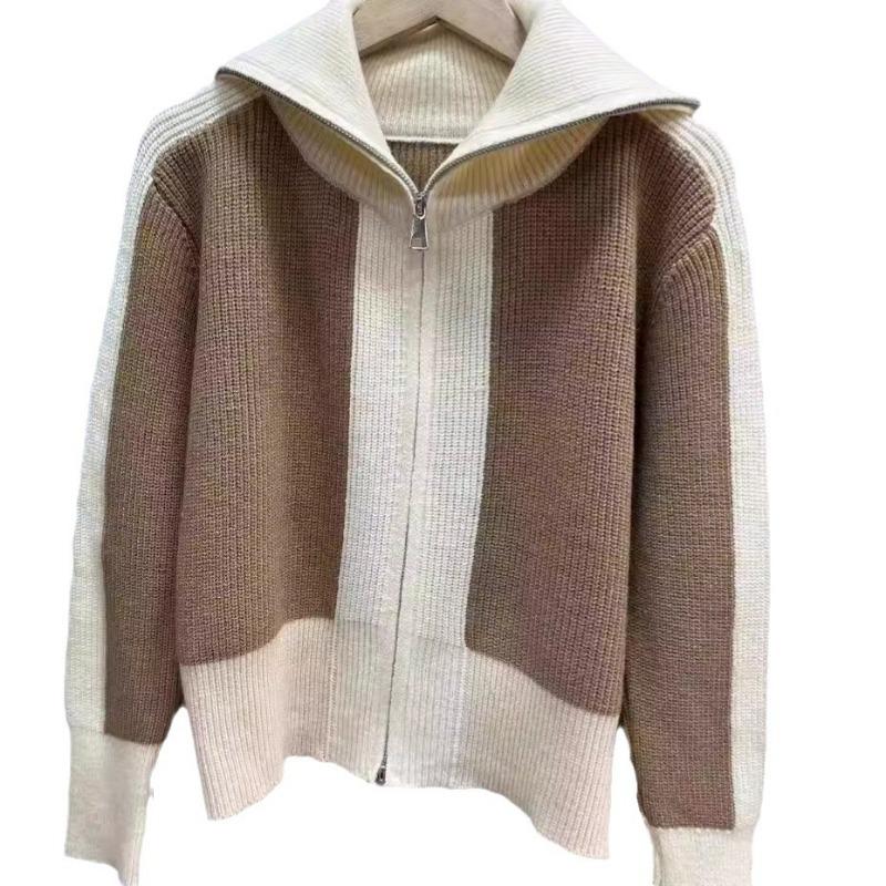 Contrasting Color Splicing Lapel Sweater Jacket Cardigan Women's New Design Double-ended Zipper Knitted Sweater Tide