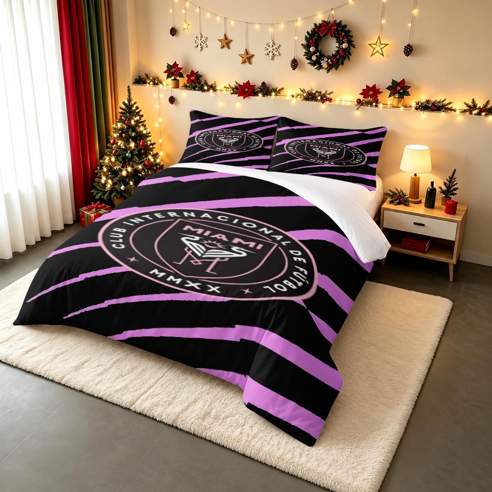 Inter Miami CF Football Club Crest Bedding set (1 duvet cover, 2 pillowcases, duvet not included), Black Pink Herons Emblem Art Print
