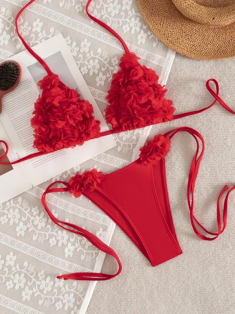 2026 European & American Halter Red Triangle Bikini - Women's Sexy Strappy Swimwear
