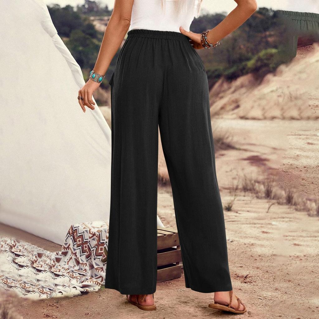 Women's Loose-Fit Casual Wide-Leg Pants With Pockets, Drawstring Waist, And Elastic Waistband