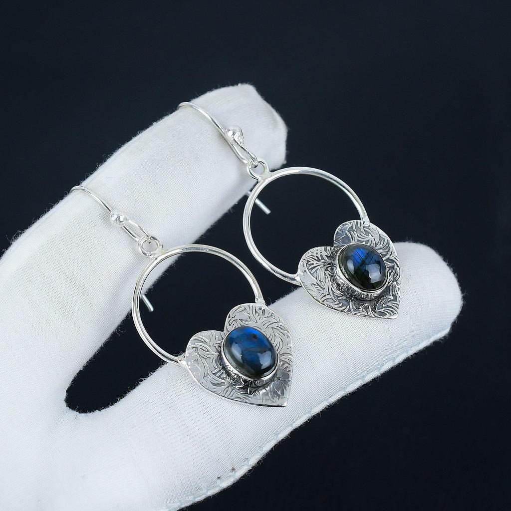 Natural Blue Flash Labradorite Gemstone Heart Shape Earrings, 925 Sterling Silver Earring, Handmade Boho Silver Jewelry Dangle Earrings, Wadding Gift