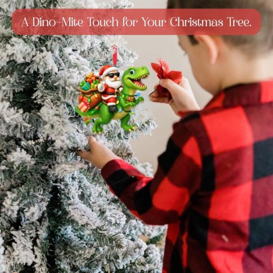 Santa Riding Dinosaur Ornament Funny Santa Claus Acrylic Hanging Decoration Novelty Dino Christmas Tree Ornament for Kids Boys Men