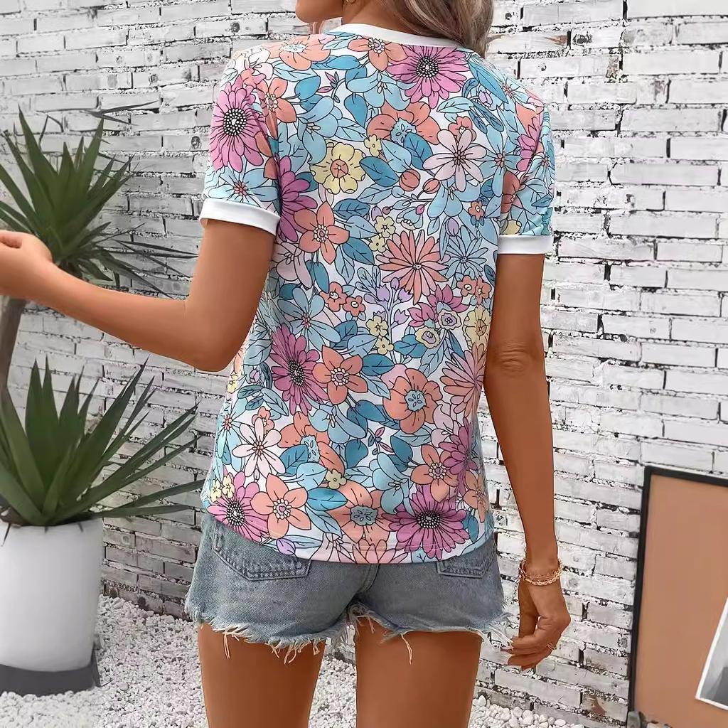 Ladies Summer Short Sleeve O Neck Flower Printed Pullover T Shirt Top
