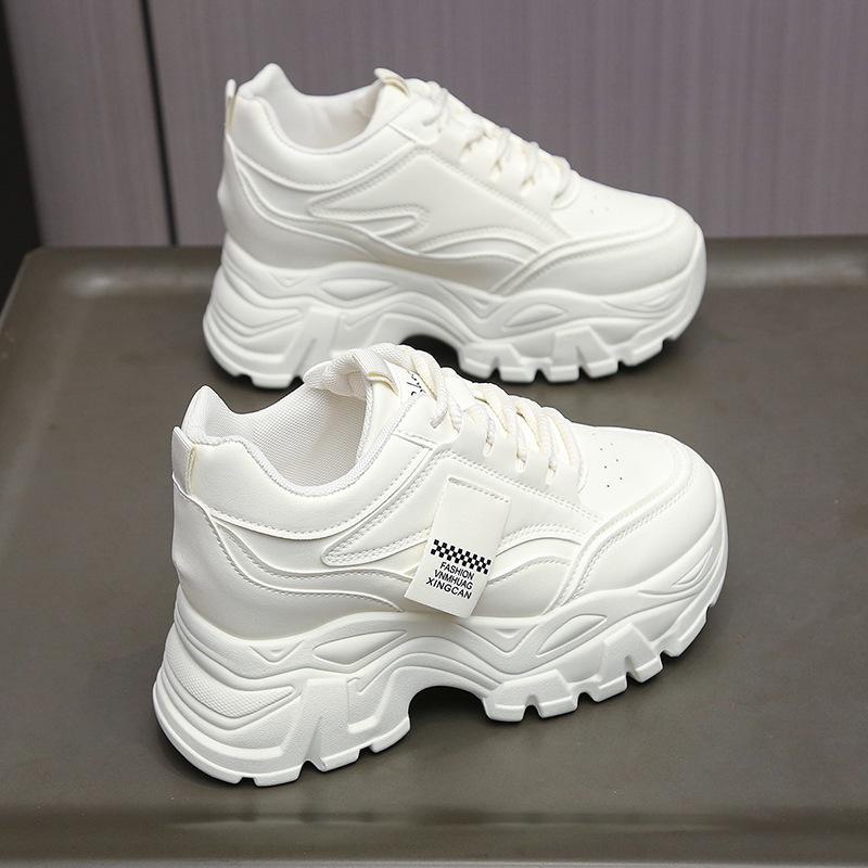 New Women's White Chunky Sneakers Spring Casual Platform Shoes Fashion Lace-up Leather Vulcanized Shoes