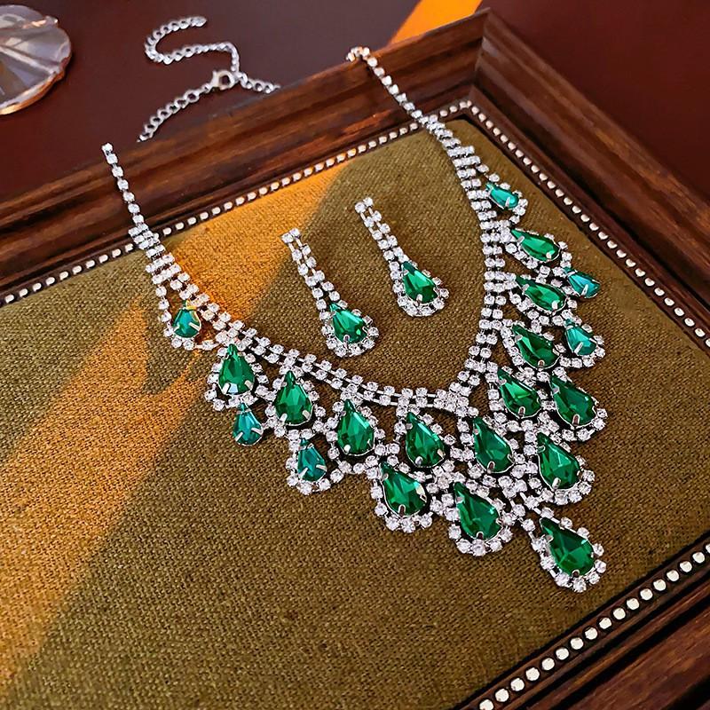 Colorful Zircon Teardrop Leaf Pendant Necklace Set Women Heavy-Duty Elegant Clavicle Chain Jewelry Evening Wear Green Teardrop Zircon Earring Necklace Set 2pcs