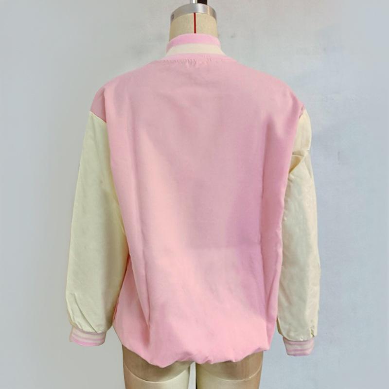 Jaqueta de beisebol solta com emenda de cores contrastantes para mulheres outono