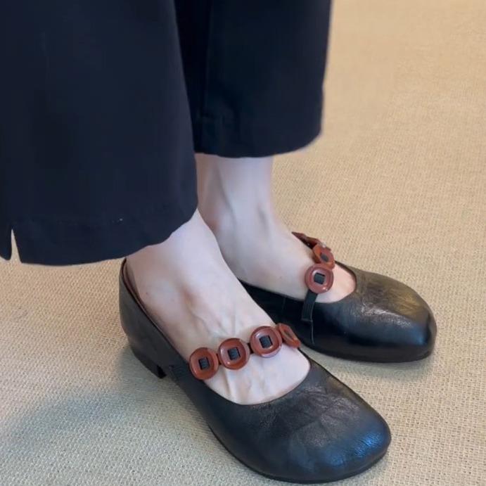 Leather French retro round head thick heel single shoes women's autumn new one-word with shallow mouth Mary Jane shoes ballet shoes