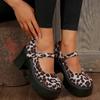 Comemore Leopard Chunky High Heels Pumps Women Buckle Strap Platform Mary Jane Shoes Woman Gothic Thick Heel Party Shoes