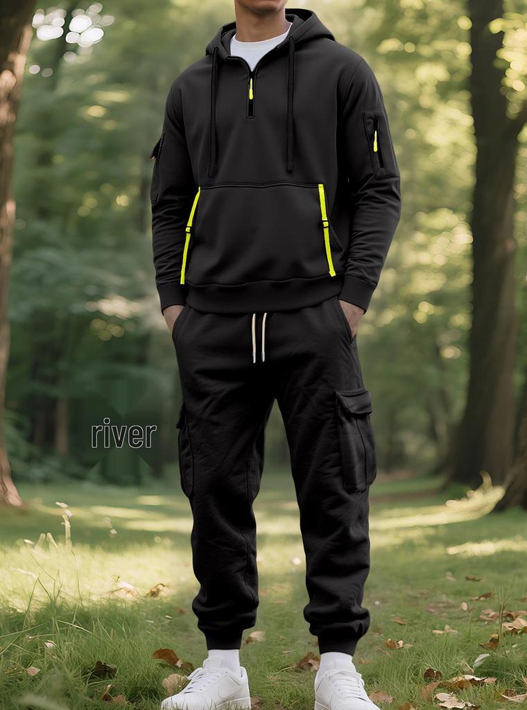 2025 European Autumn/Winter Men's Sportswear: Ribbon Hoodie & Multi-pocket Workwear Pants Set