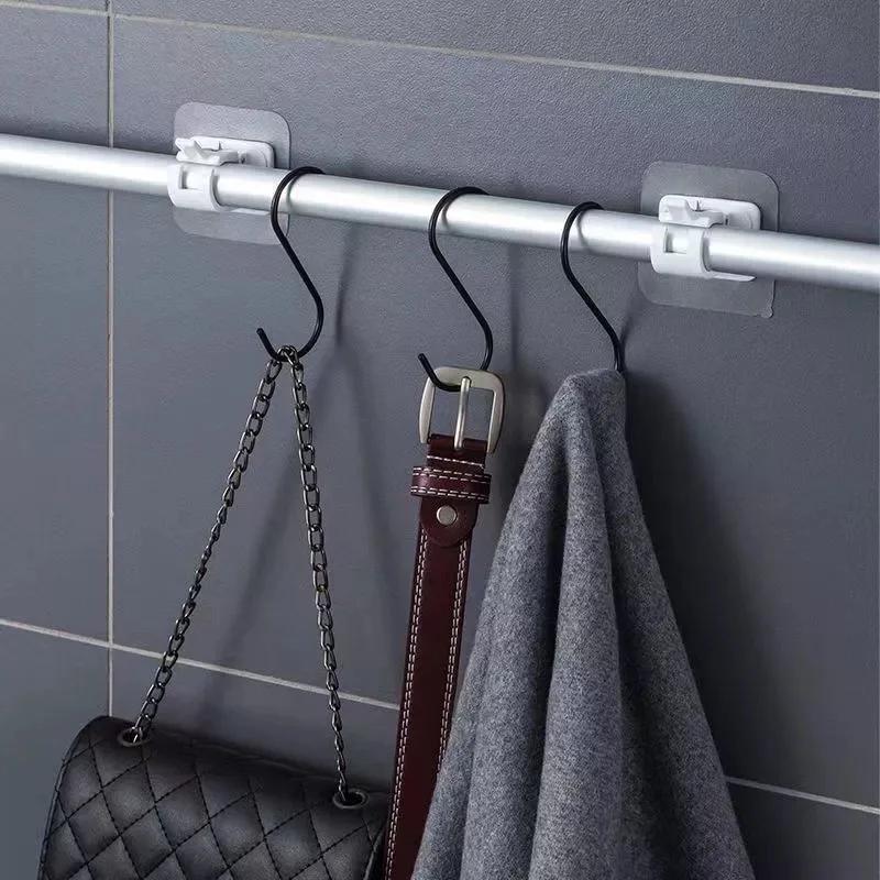 2-12PCS Adjustable Curtain Rod Clip Self Adhesive Clamp Hook Curtain Rod Holder Wall Bracket Holder Nail-Free Wall Hanging Clip