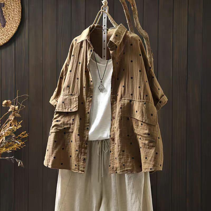 2025 Women's Cotton Linen Polka Dot Shirt - Short Sleeve, Loose Fit, Plus Size, Artistic Casual Summer Jacket