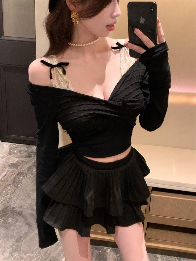 Women's Modal Cotton Lace Layer Long Sleeve Faux Two-Piece T-Shirt for Autumn