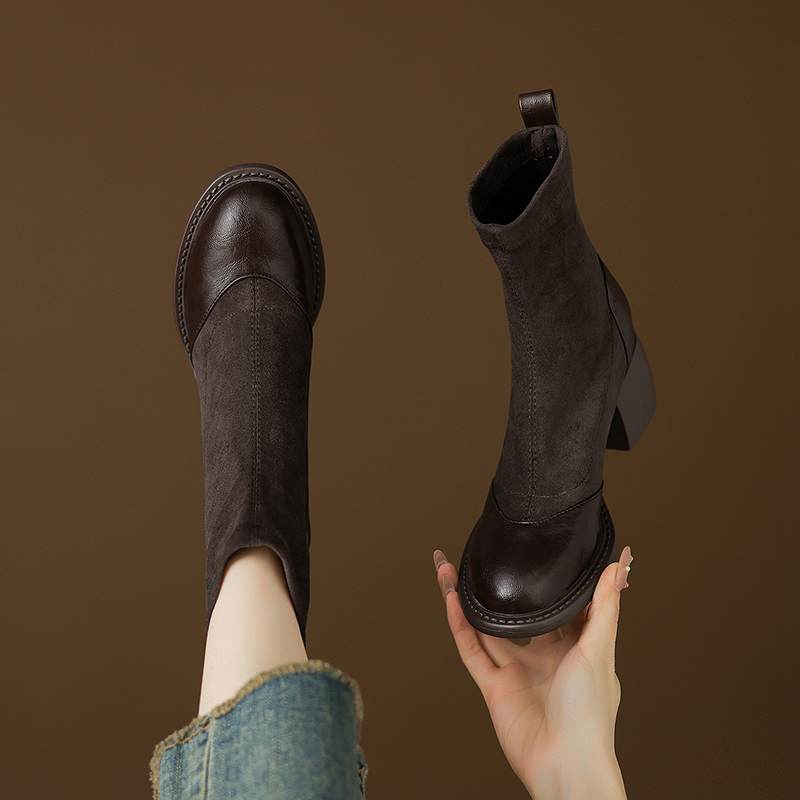 Krazing Po Microfiber Flock Winter Round Toe Size 33 Chelsea Boots Size 43 Zipper Thick High Heels Elastic Ankle Boots