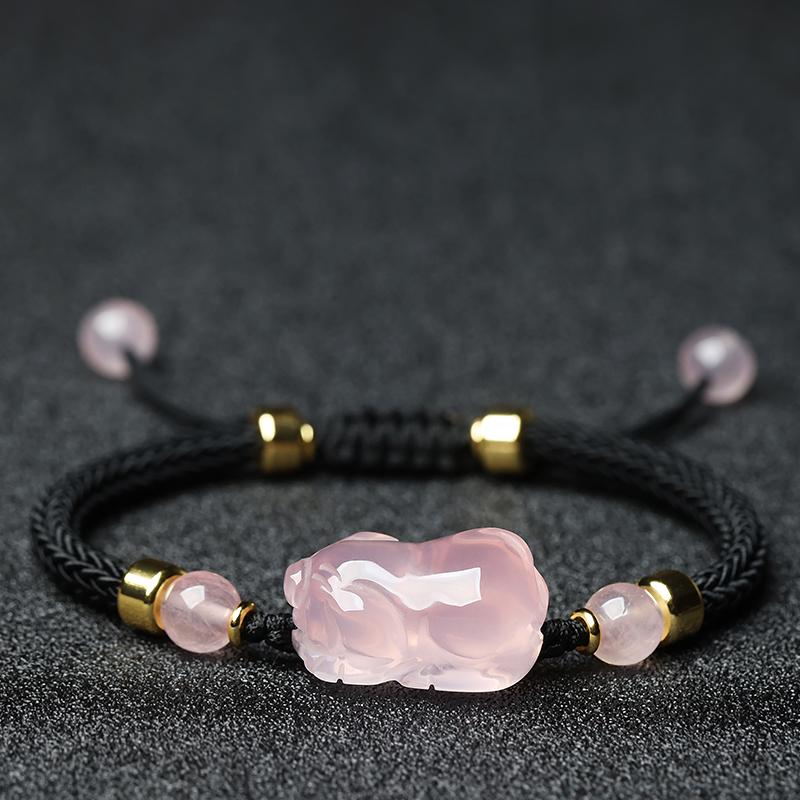 Pink Crystal Zodiac Bracelet: Rose Quartz, Red String Weave, Pig, Ox, Rat, Rabbit Charm - Perfect Gift for Girlfriend or Bestie