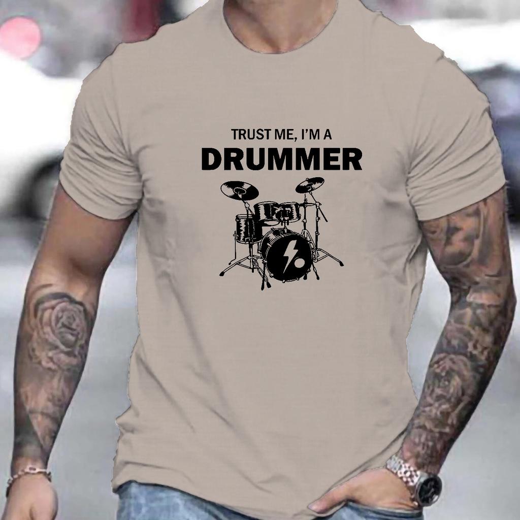 Men's Summer 100 Cotton Fashionable Casual Sports Loose Large Drum Pattern Printed Round Neck Short Sleeve T-shirt Top Tshirt