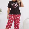 Summer Love Print Pajama Set: Short Sleeve Top & Seven-Point Pants, Plus Size