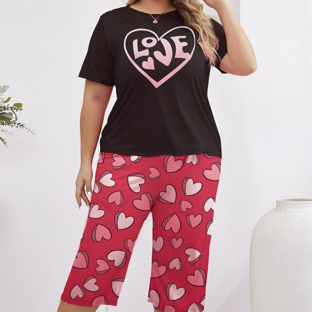 Summer Love Print Pajama Set: Short Sleeve Top & Seven-Point Pants, Plus Size