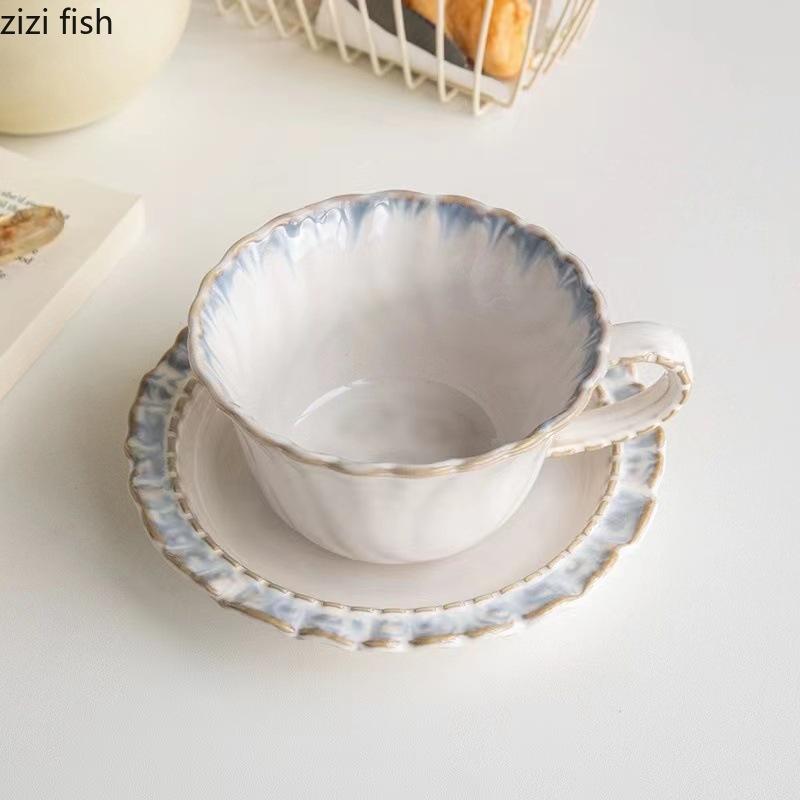 Blue Retro Coffee Cups and Plates Lace Ceramic Milk Tea Cup Milk Mug Oat Breakfast Cups Dessert Dish Water Cup Flower Tea Mug