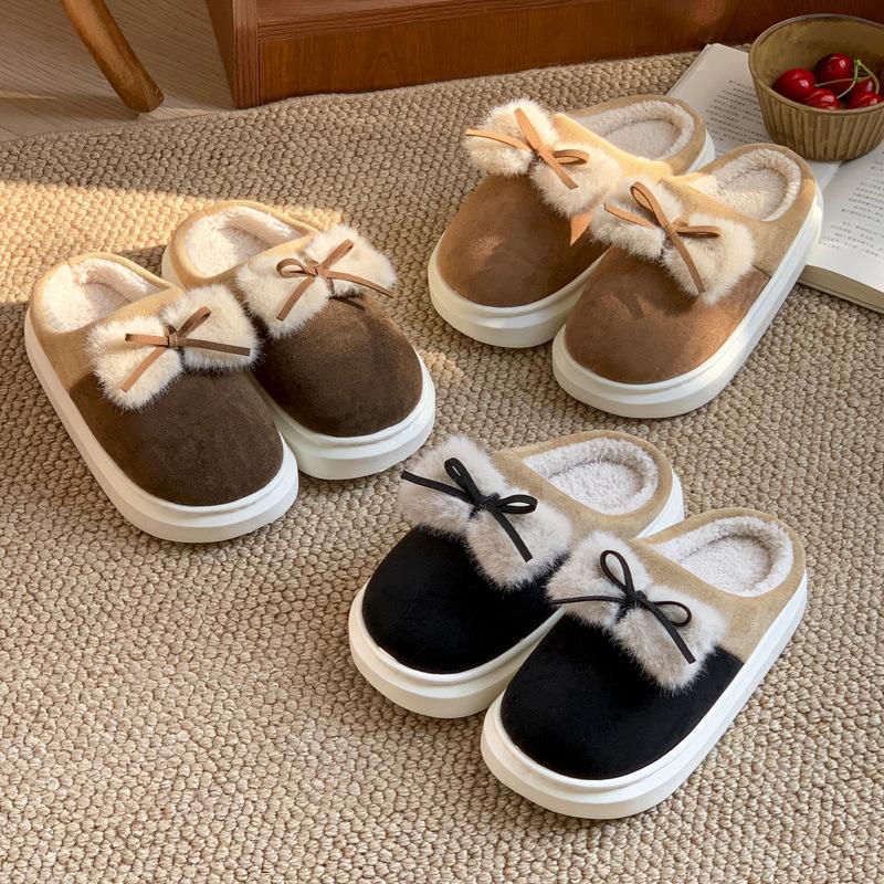 2025 new cotton slippers winter home indoor velvet bow cute student dormitory warm cotton mop