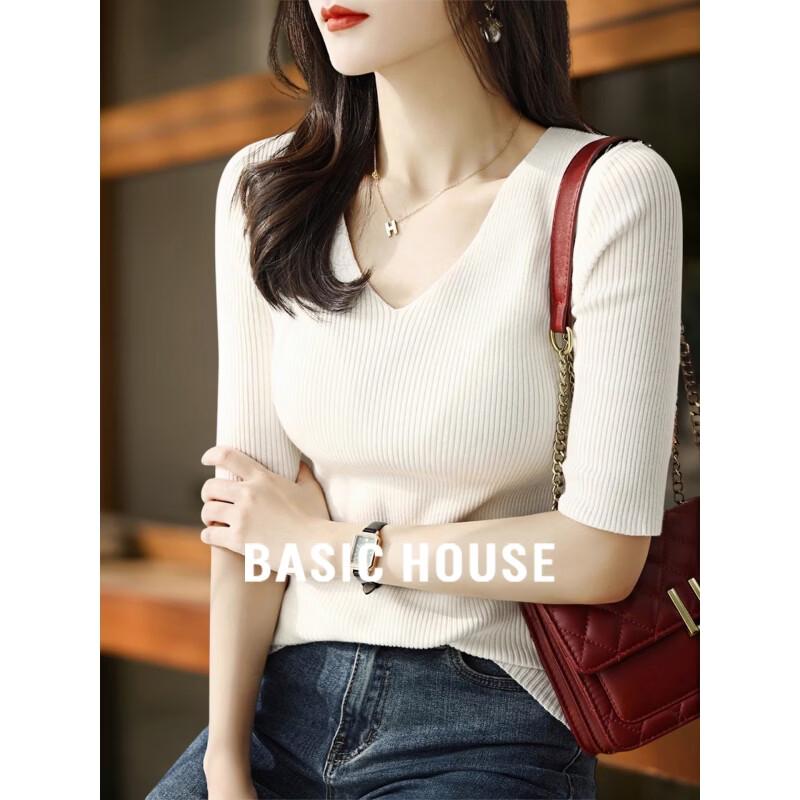 Basic House Women s V-Neck Knit Mid-Sleeve Top S