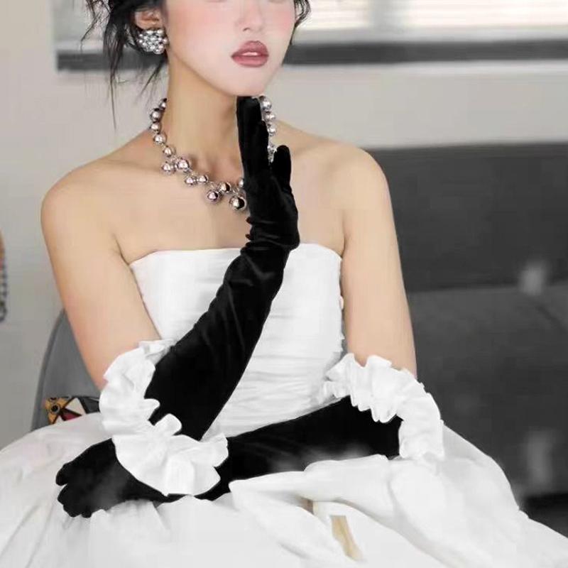1Pair Long Satin Dress Accessories Decorative Border Elegant Party Festival Gold Velvet Princess Mittens Wedding Matching