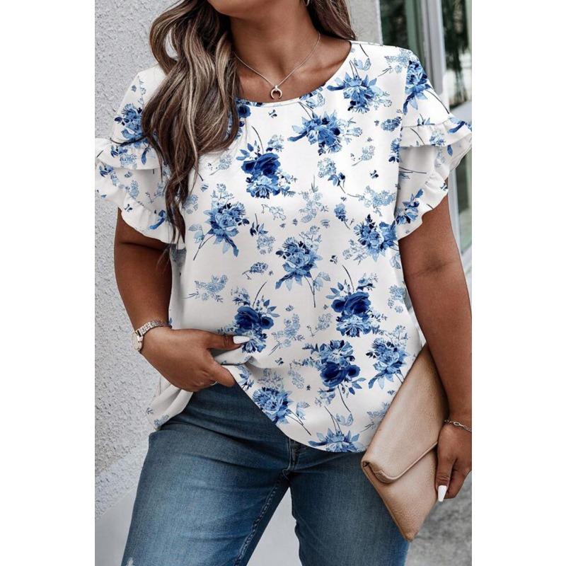 Women's New Summer Round Neck Spliced Ruffle Loose Printed Short Sleeve Tops T-shirt