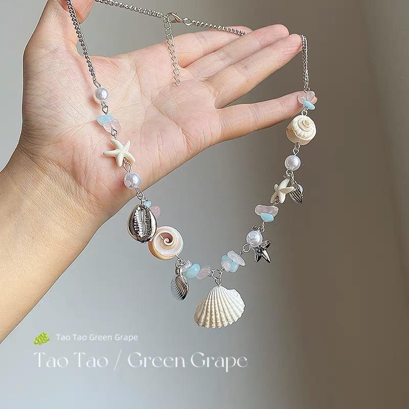 Boho Beach Shell Starfish Necklace - Pearl & Aquamarine Beaded Coastal Jewelry for Women