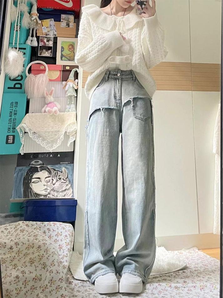 

Женские модные джинсы прямого кроя в стиле пэчворк, осень 2025 Extra Large светло-синий