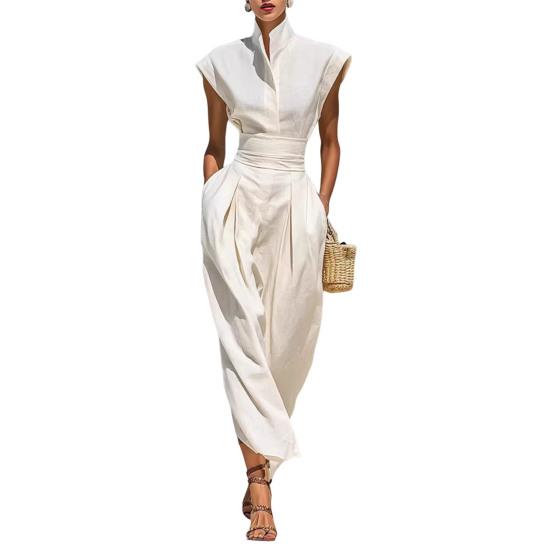 

High Neck Cap Sleeve Midi Dresses for Women Summer Casual Business Work Dress High Waist Flowy Office Outfits with Pockets S белый