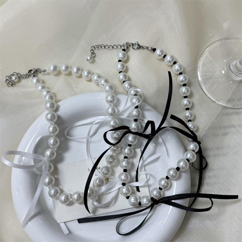 Fashion Elegant Ribbon Bowknot Short Necklace Pearl Clavicle Chain Choker Necklace Statement Jewelry Neck Chain