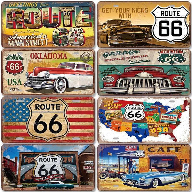 Vintage Metal Tin Signs Decor Route 66 License Plate Motorcycle Car Metal Posters Wall Decor for Garage Bar Pub Moto Club