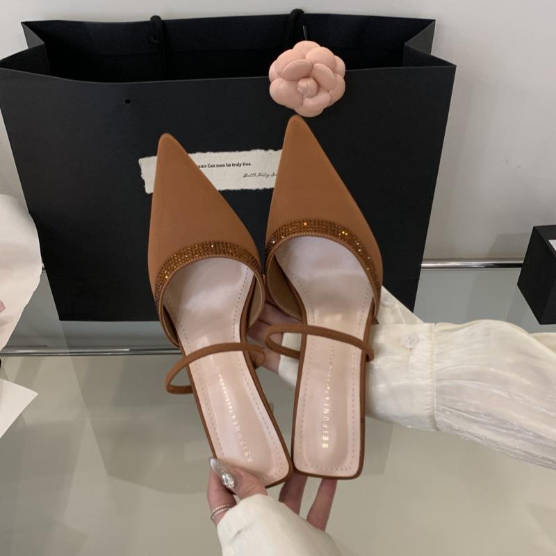 Fashion Luxury Satin Rhinestone Decorated Slide Heeled Sandal Women Sexy Pointed Toe Back Strap High Heels Summer Elegant Women Slippers