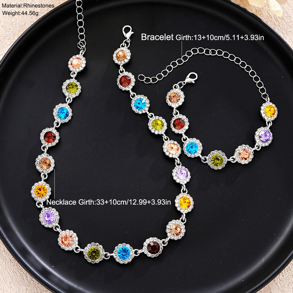New European Women Jewelry Set, Colorful Cubic Zirconia Bracelet & Necklace, High-end Fashion Matching Ornaments