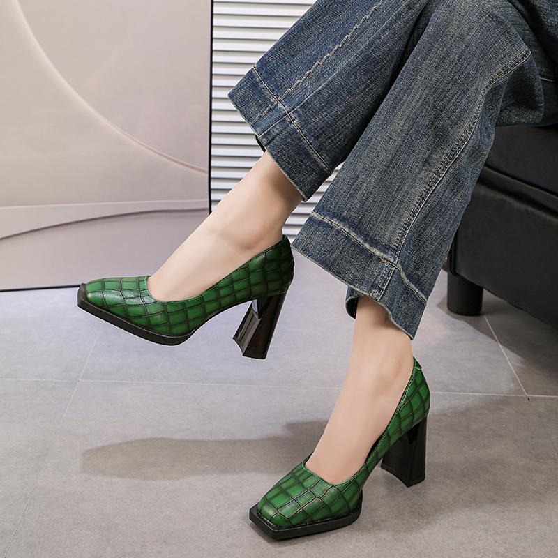 Niche Square Toe Shallow Mouth Thick Heel Single Shoes Fashion Slip-on Non-slip High Heels for Women