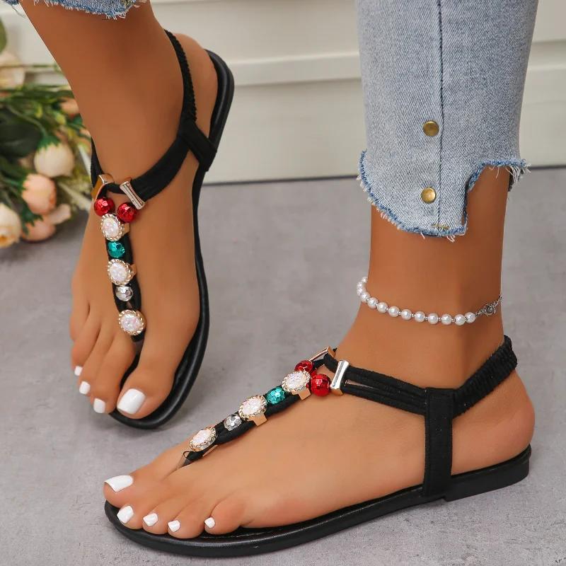 Fashion Retro Bohemian Black Girls Big Pearl Low Sandals 2025 Summer Comfort Shoes for Women Beach Sandals Suit Female Beige Large Size