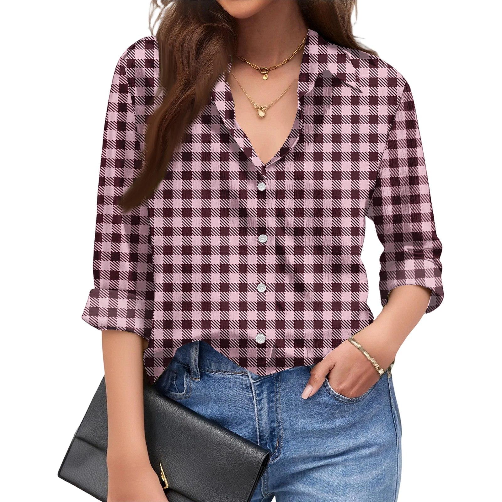 

Women s Fashionable Casual Loose Plaid Long-sleeved Shirt XL рожевий