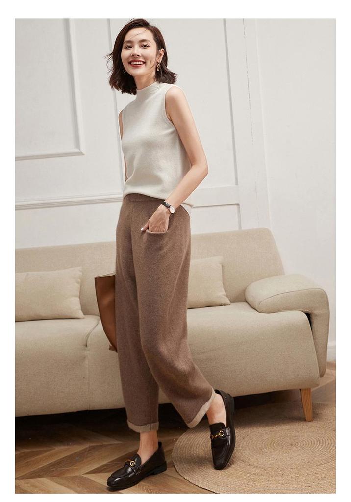 Women's Cashmere Sleeveless Vest - Autumn/Winter, Half-High Collar, Solid Color, Seamless Knit Pullover