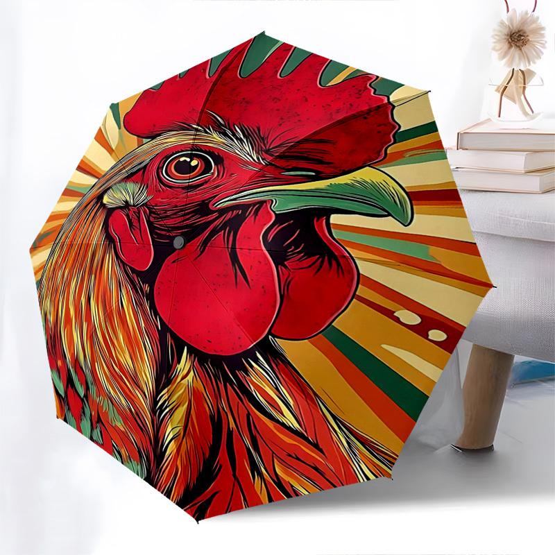 

1pc Colorful Rooster Design Automatic Opening/Closing Umbrella with Foldable Design, Iron Frame, Outdoor Use, Festival Gift, Suitable for Fans, Travel