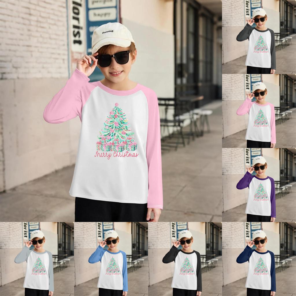 Kids' Fashionable Comfortable Christmas Print Neck Pullover Long Sleeve Top