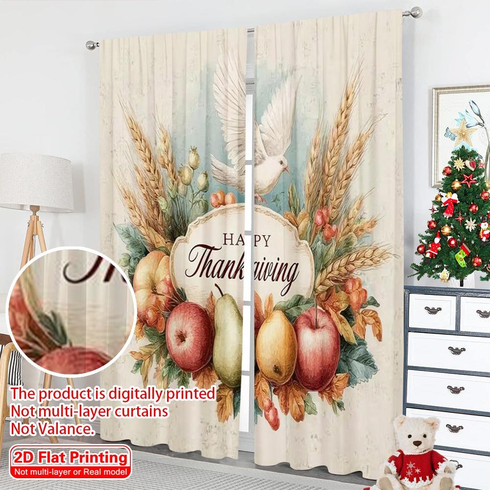 2pcs 2D flat printing Merry Christmas Window Drapes happy Thanksgiving flowers Versatile 100% Polyester Without Electricity
