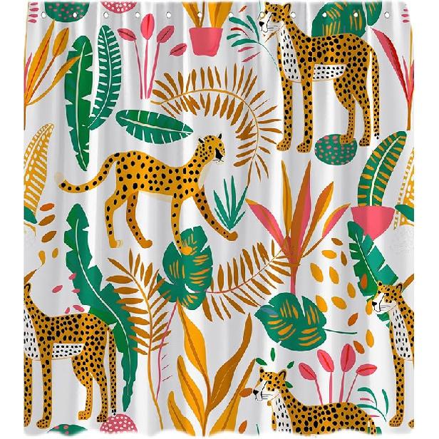 Boho Leopard Shower Curtain Tropical Palm Leaves Abstract Cheetah Mid Century Modern Jungle Plant Wildlife Safari Animal Aesthetic Big Cat Bath 35 W x 70 L (Pack of 1) белый