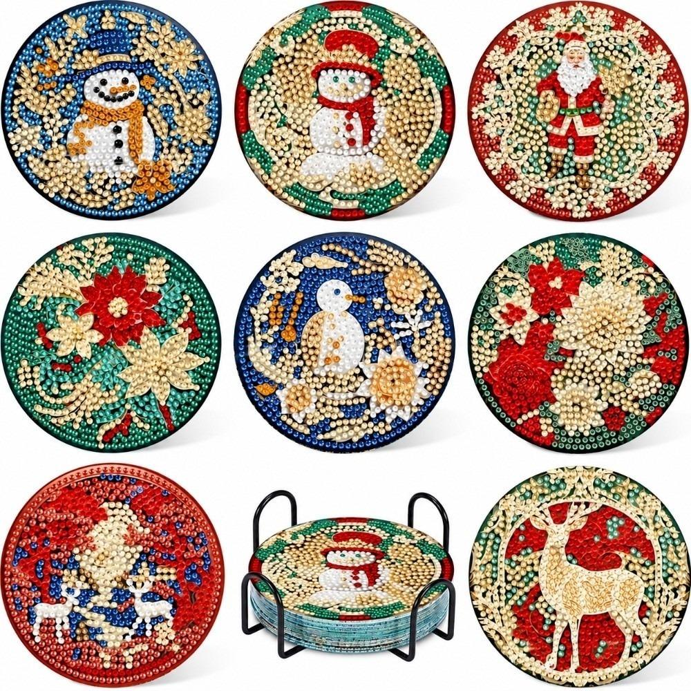 8Pcs with Metal Stand Round Art Coasters Entry-level Coaster Kit DIY Painting Coasters Gift