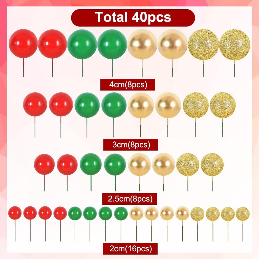 40pcs Mini Balls Cake Decorations Red Green Gold Silver Sticks Foam Balls DIY Cake Topper for Baking Christmas Party Decorations